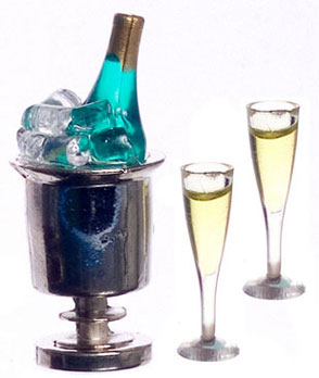 Dollhouse Miniature Champagne, Ice, 2 Glasses
